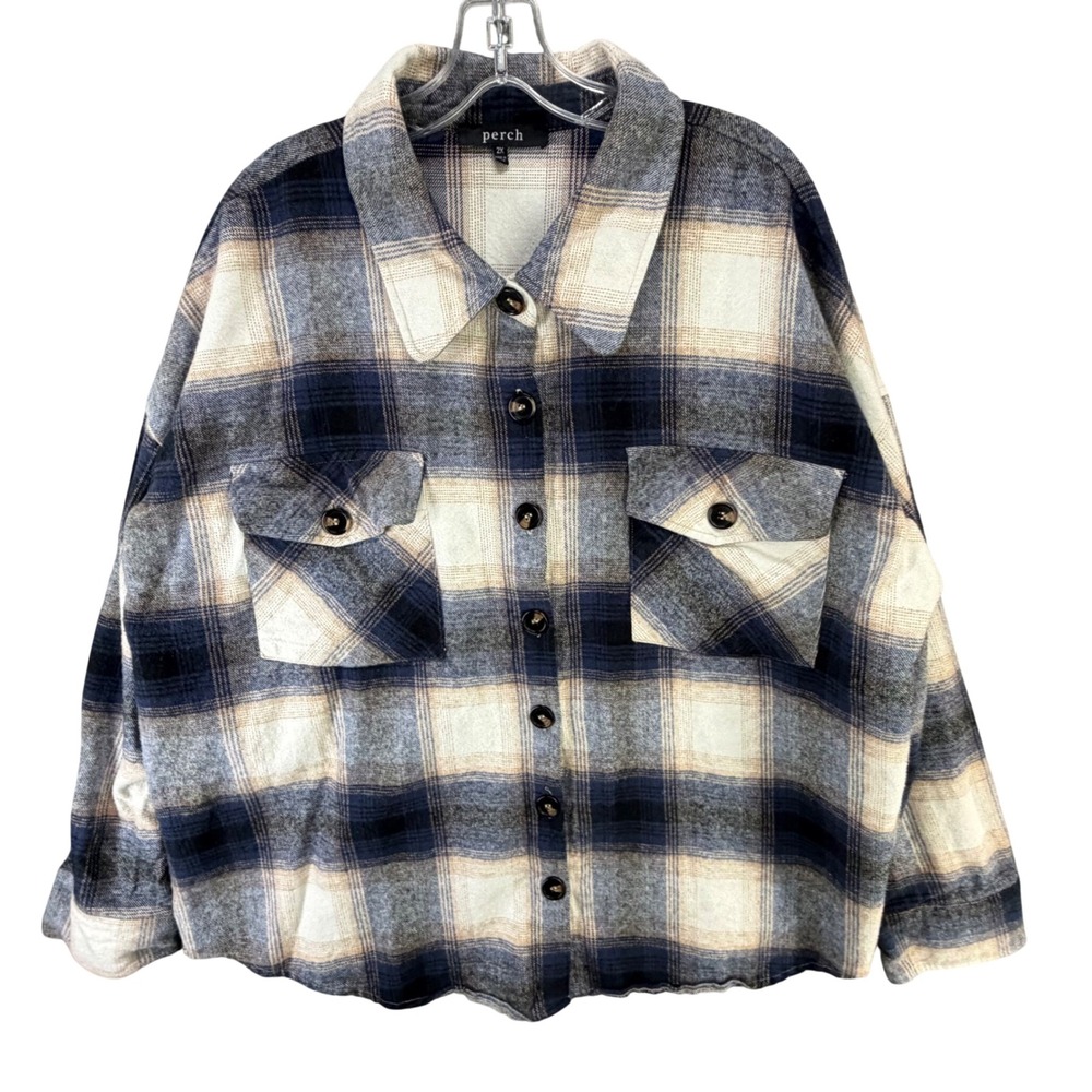 Perch Button Front Shacket Overshirt Womens 2X Blue Cream Plaid Rustic Boxy Cozy